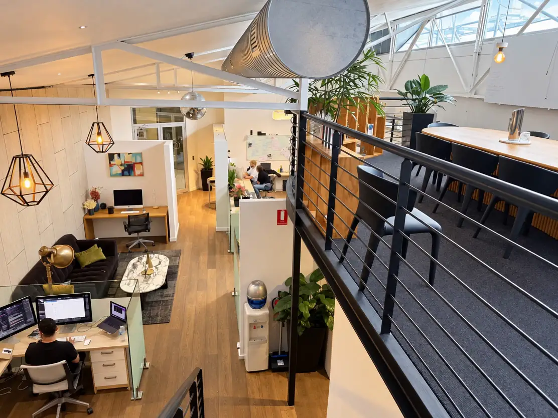 Looking down from the mezzanine across the Emote office.