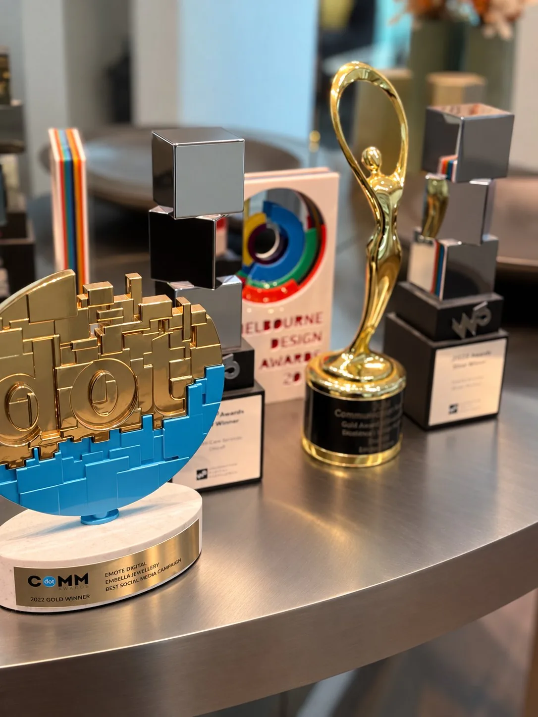 Emote Digital awards on a steel table, including a dot COMM gold award, a Communicator Award and W3 Awards.